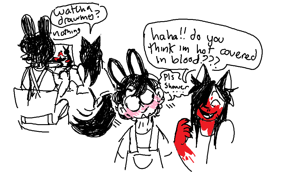 My OC max drawing some vague gore art and then blushing over his boyfriend Lex covered in blood.